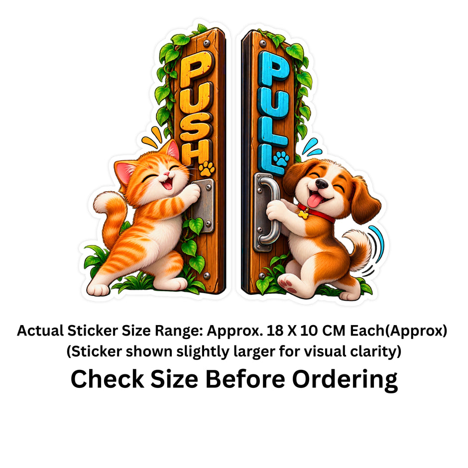 Cute Cat and Dog Push Pull Door Sticker Set Size Guide by STIXY