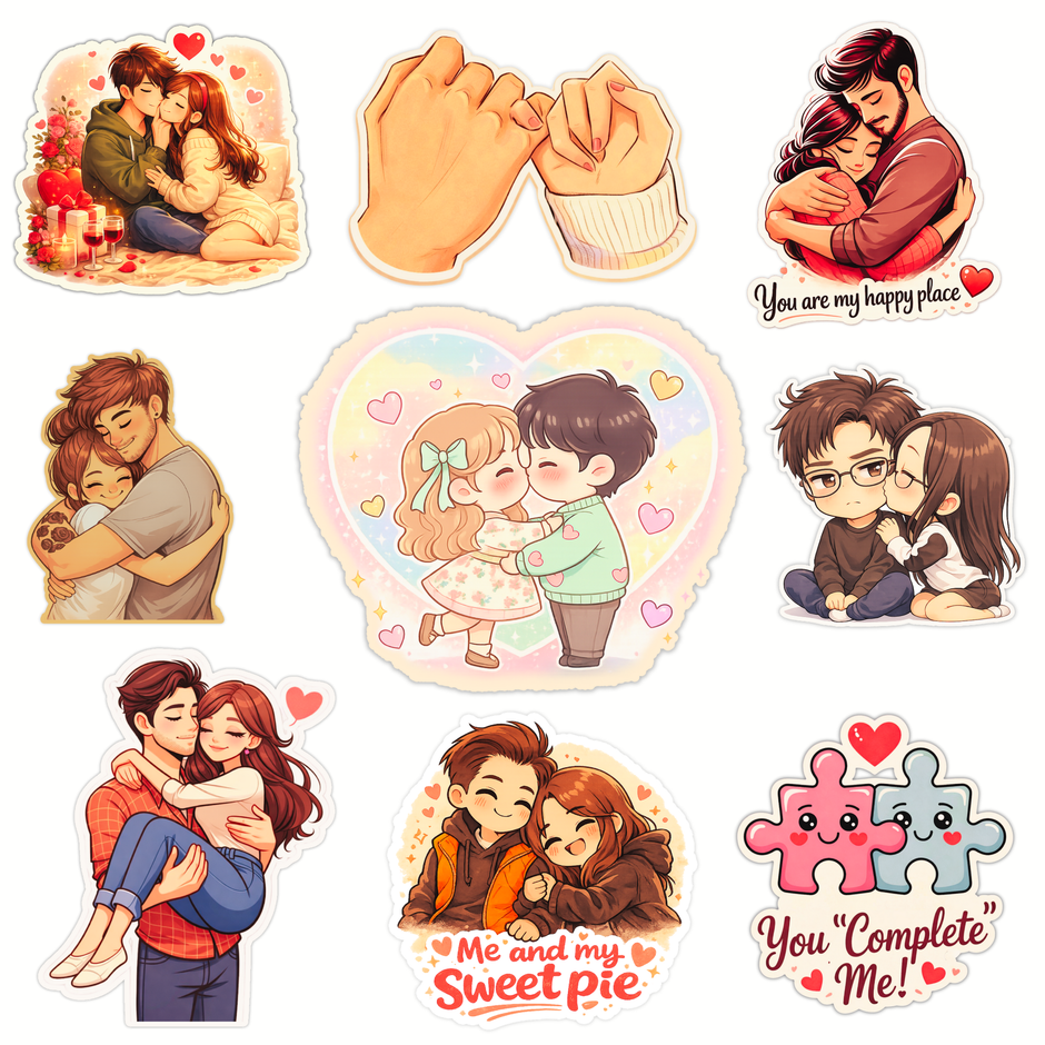 Cute Couple Love Sticker Set (9 pcs) | Waterproof Matte Vinyl | 7–9 cm Approx premium product image view 1