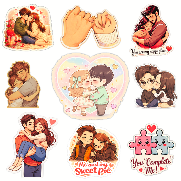 Cute Couple Love Sticker Set (9 pcs) | Waterproof Matte Vinyl | 7–9 cm Approx premium product image view 1
