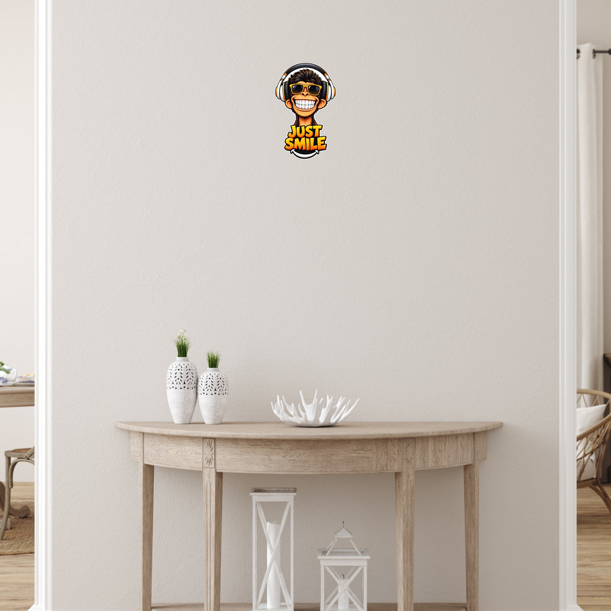 Just Smile Monkey Sticker Displayed on Interior Wall for Room and Home Decor by STIXY