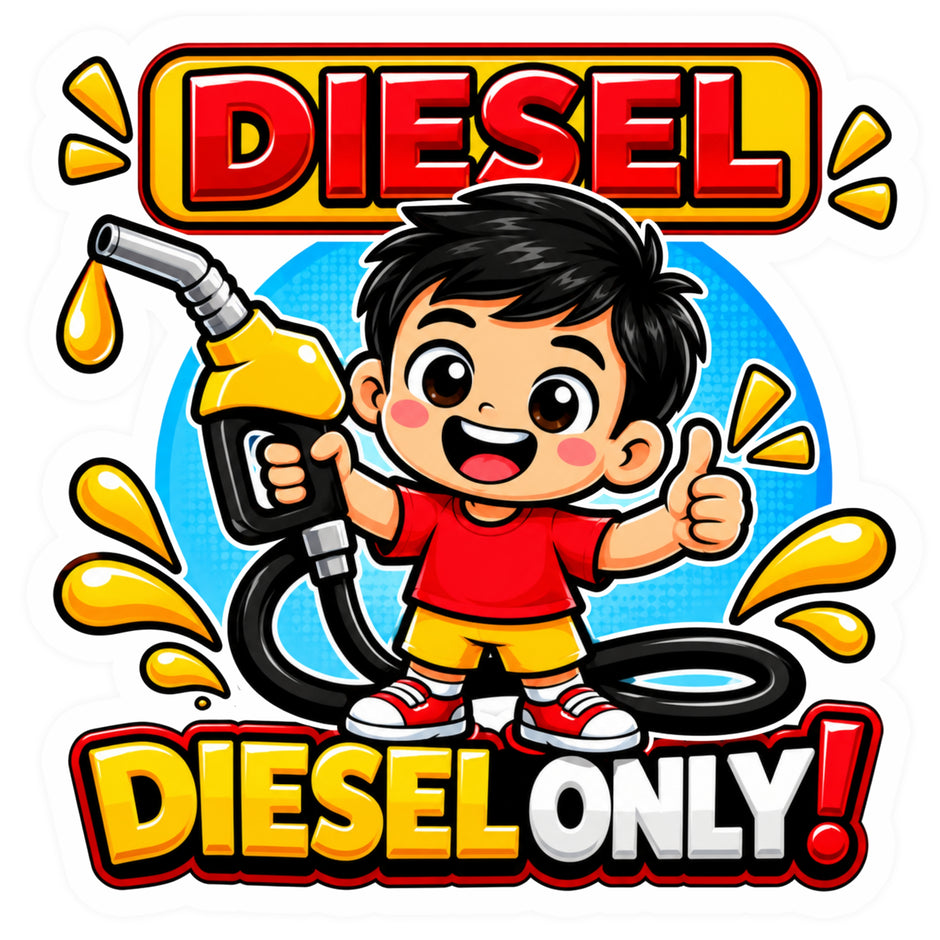 STIXY Cute Diesel Only Boy Sticker Featuring Happy Cartoon Boy Holding Diesel Fuel Nozzle with Thumbs Up and Colorful Yellow Blue Red Design
