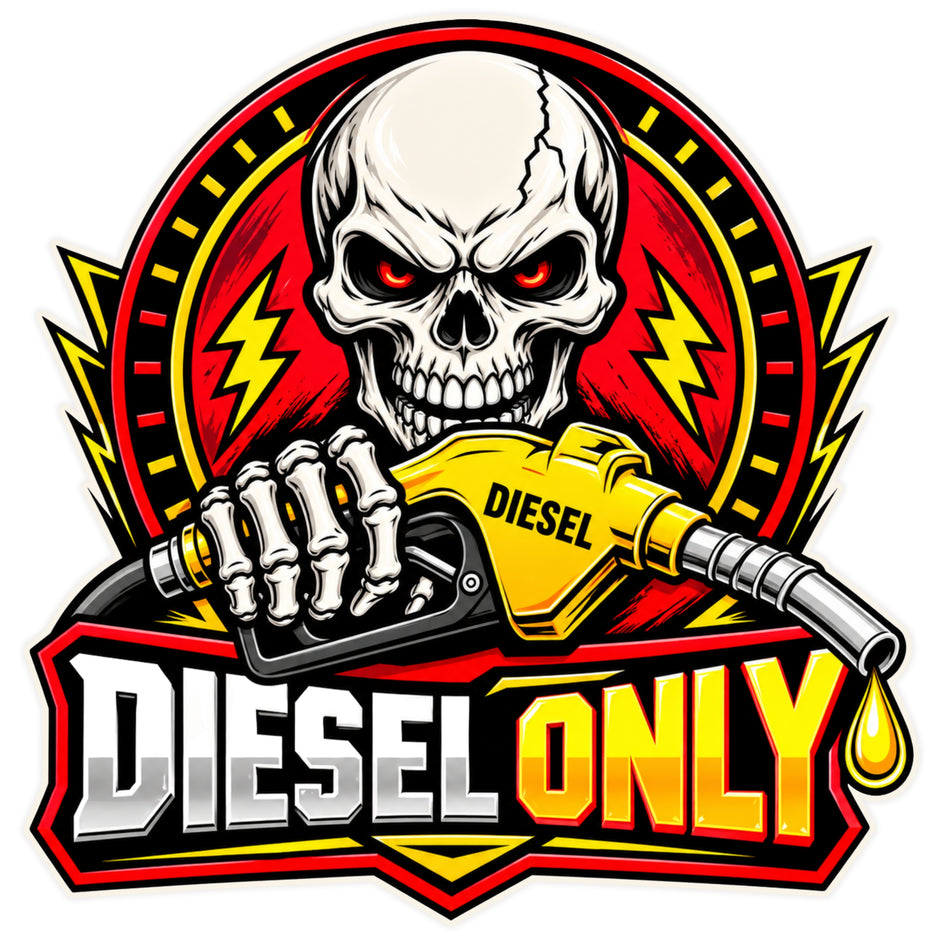 STIXY Diesel Only Skull Sticker Featuring Angry Skull Holding Diesel Fuel Nozzle with Bold Red Yellow and Black Design for Diesel Vehicles
