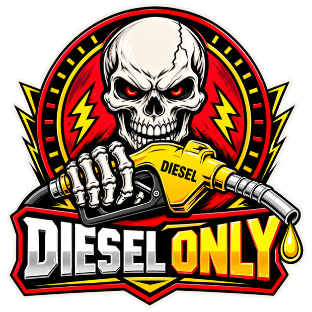 STIXY Diesel Only Skull Sticker Featuring Angry Skull Holding Diesel Fuel Nozzle with Bold Red Yellow and Black Design for Diesel Vehicles
