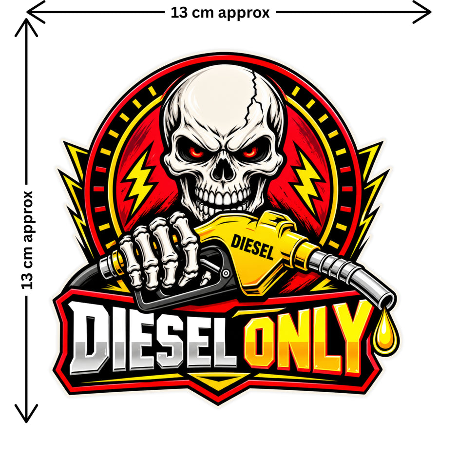 Diesel Only Skull Fuel Sticker Size Guide 13 × 13 cm Approx Waterproof Matte Vinyl Decal by STIXY