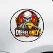Diesel Only Skull Sticker Applied on White Vehicle Fuel Lid with Bold Diesel Fuel Warning Design