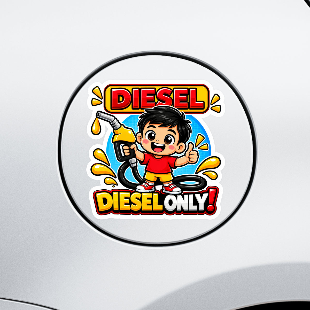 STIXY Cute Diesel Only Cartoon Boy Sticker Applied on White Diesel Vehicle Fuel Lid with Colorful Fuel Pump Design