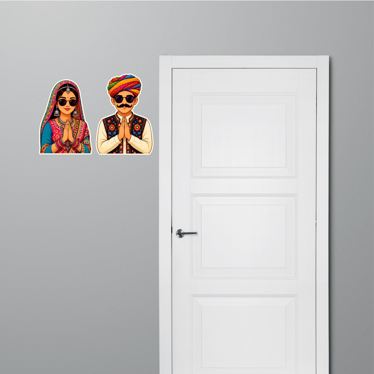 Rajasthani Couple Waterproof Matte Vinyl Stickers Applied on Glass Door by STIXY