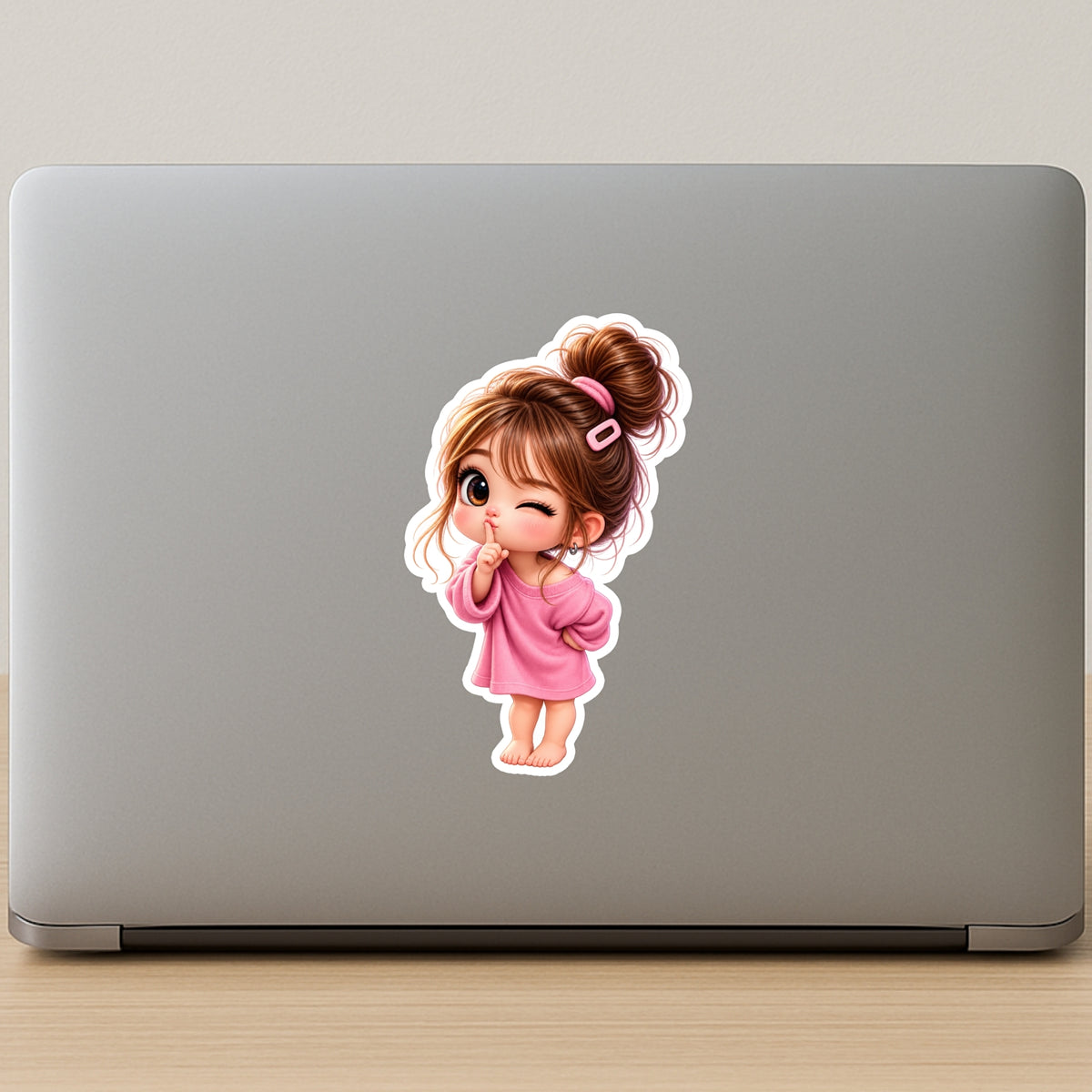 Cute Winking Girl Pink Dress Waterproof Matte Sticker Applied on Laptop by STIXY