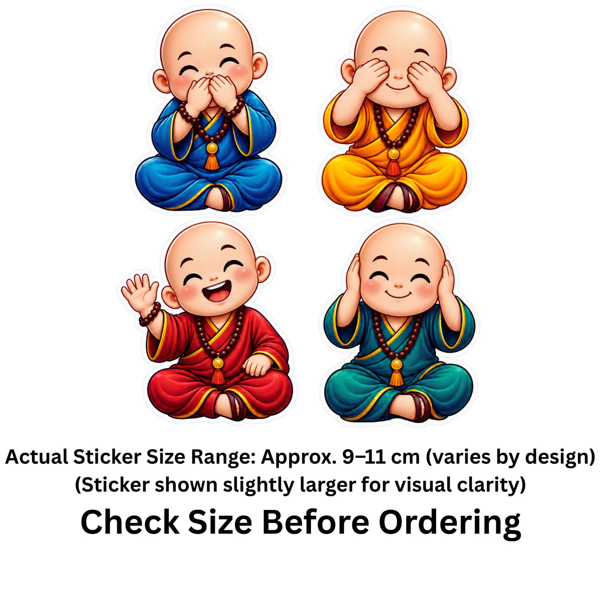 Cute Monk Sticker Set of 4 Size Guide Showing Approximate 9–11 cm Stickers by STIXY