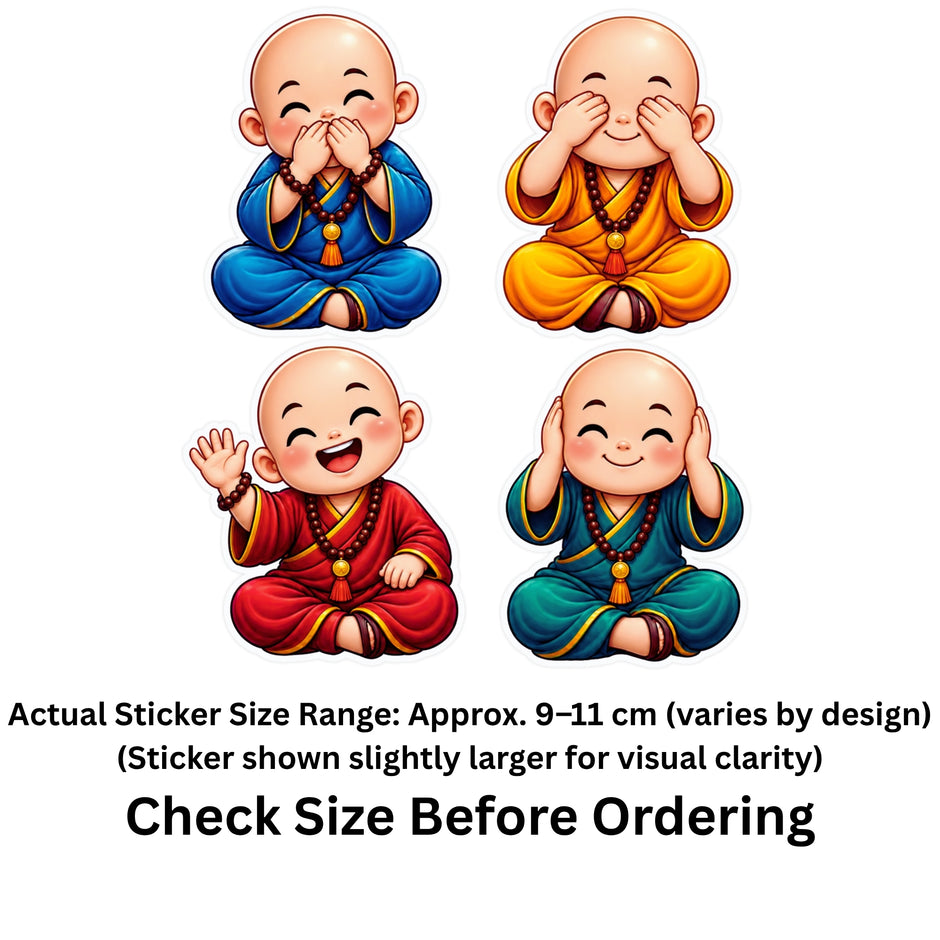 Cute Monk Sticker Set of 4 Size Guide Showing Approximate 9–11 cm Stickers by STIXY