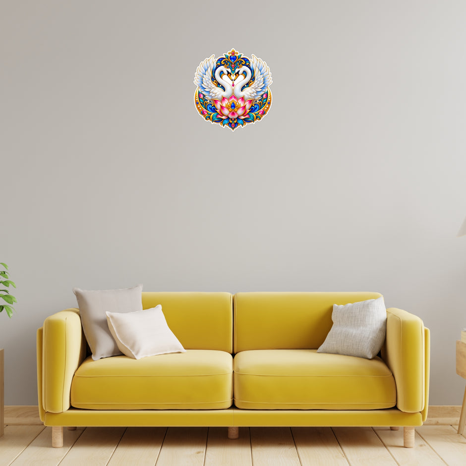 Swan Couple Lotus Love Harmony and Relationship Decorative Sticker Displayed on Living Room Wall by STIXY