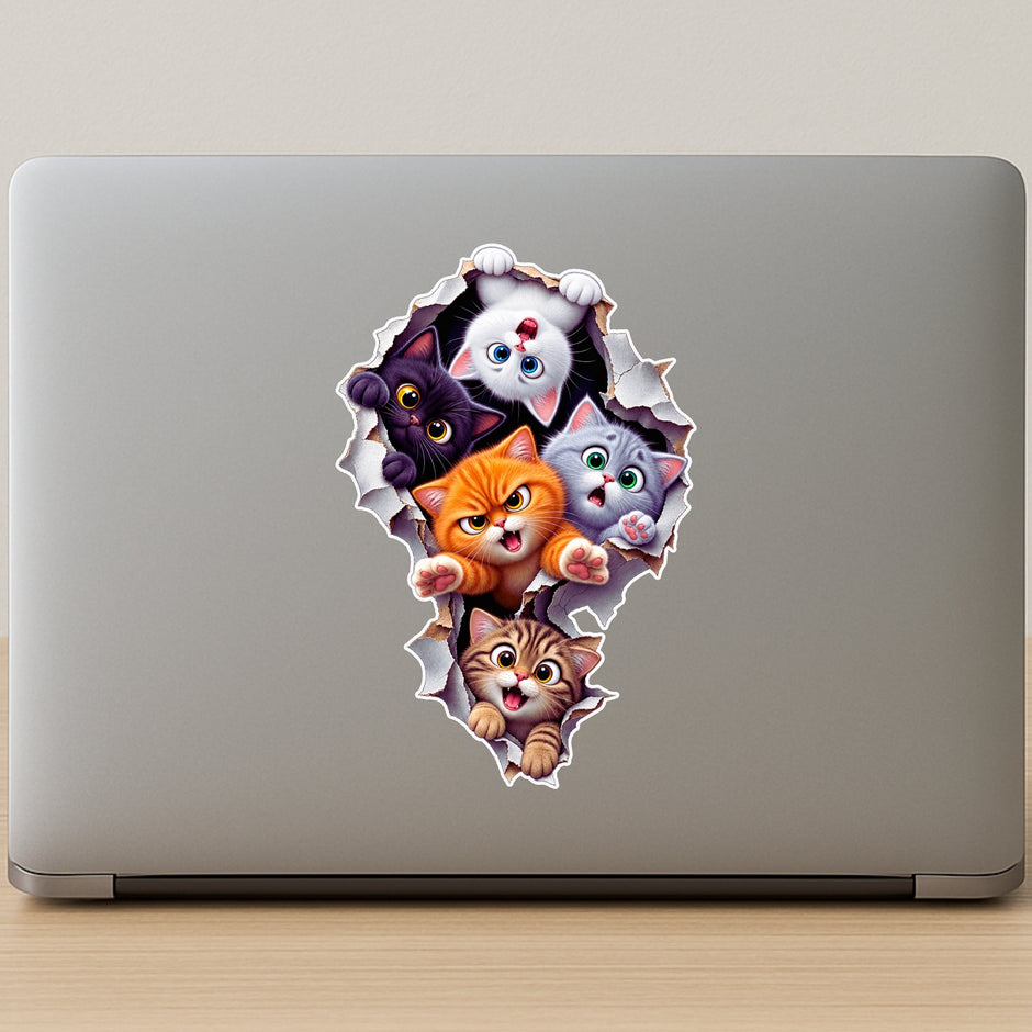 Funny Five Cats Breaking Through Wall 3D Sticker Applied on Laptop by STIXY