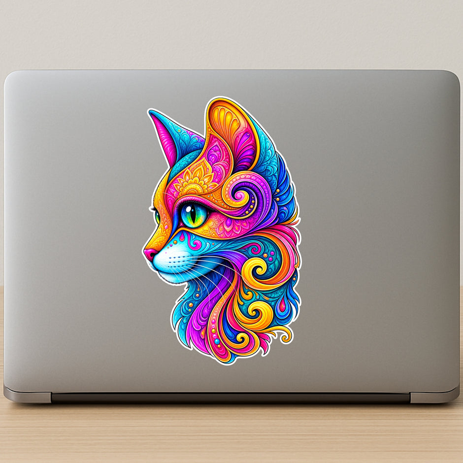 Colorful Psychedelic Cat Waterproof Matte Vinyl Sticker Applied on Laptop by STIXY