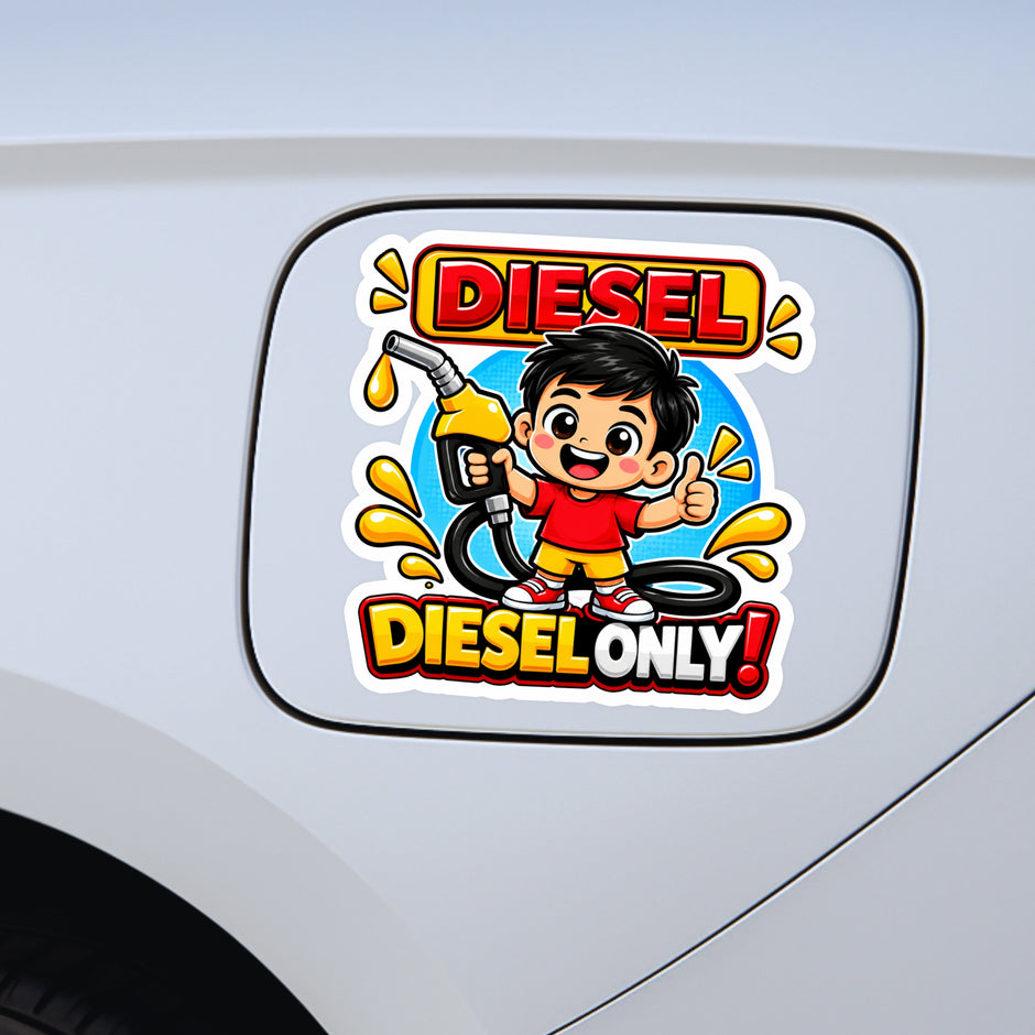 Cute Diesel Only Boy Sticker Displayed on White Car Body Panel Featuring Cartoon Boy and Bold Diesel Only Lettering