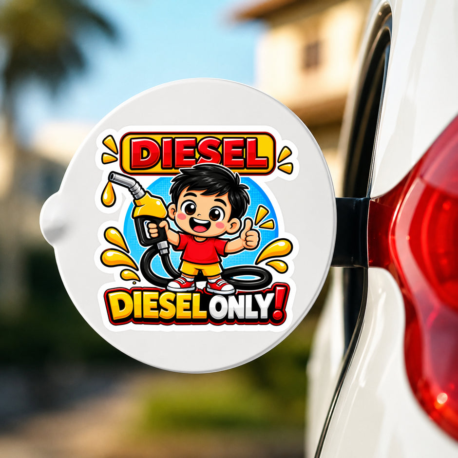 STIXY Diesel Only Cartoon Boy Sticker Applied Near Car Fuel Filler Door for Diesel Cars SUVs and Pickup Trucks