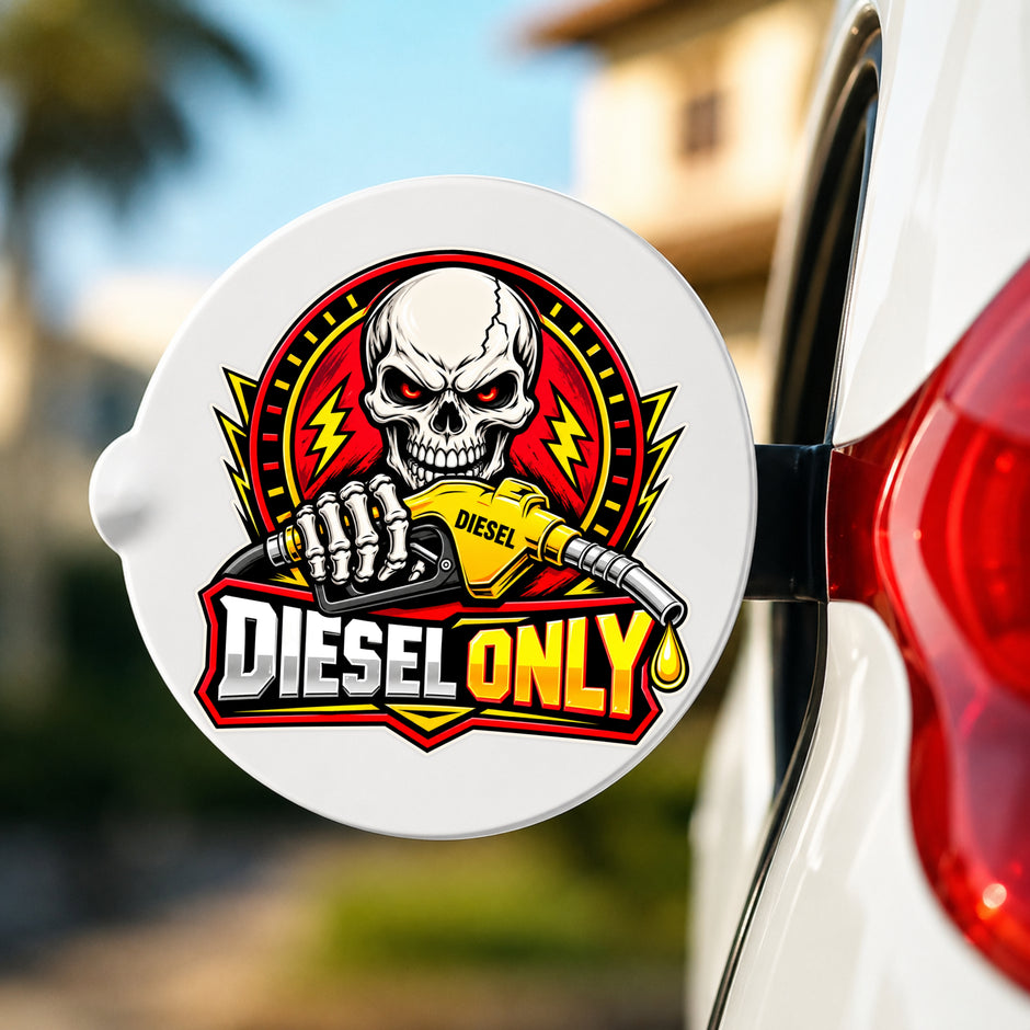 STIXY Diesel Only Skull Sticker on Car Fuel Filler Door Featuring Skull Graphic and Diesel Pump Nozzle for Diesel Cars and SUVs