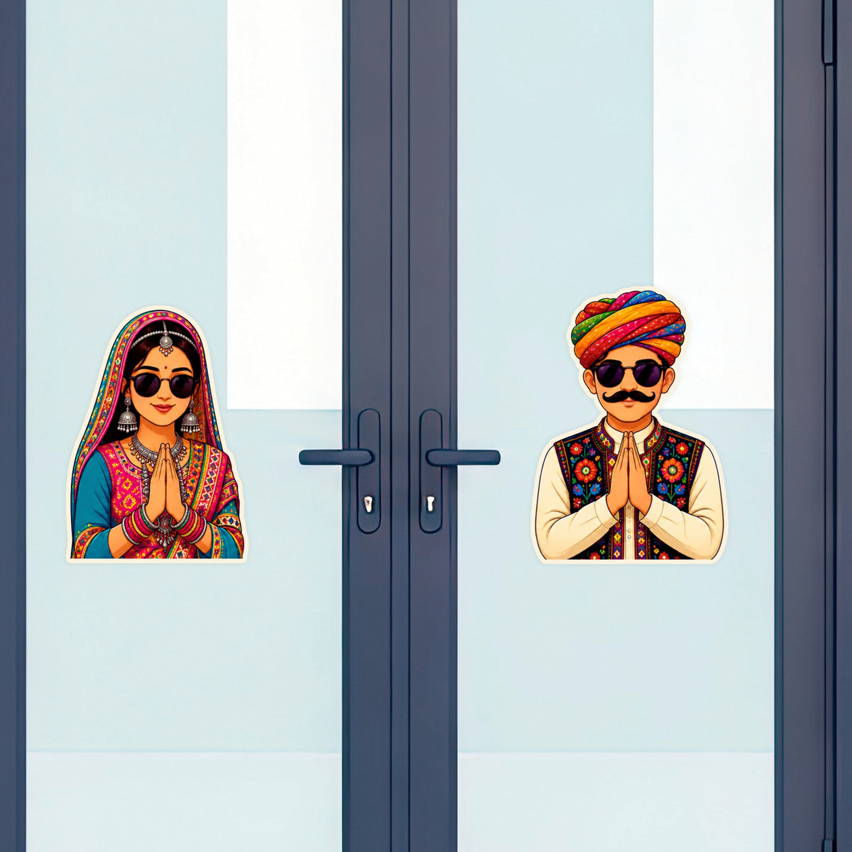 Rajasthani Couple Waterproof Matte Vinyl Stickers Applied on Glass Door by STIXY