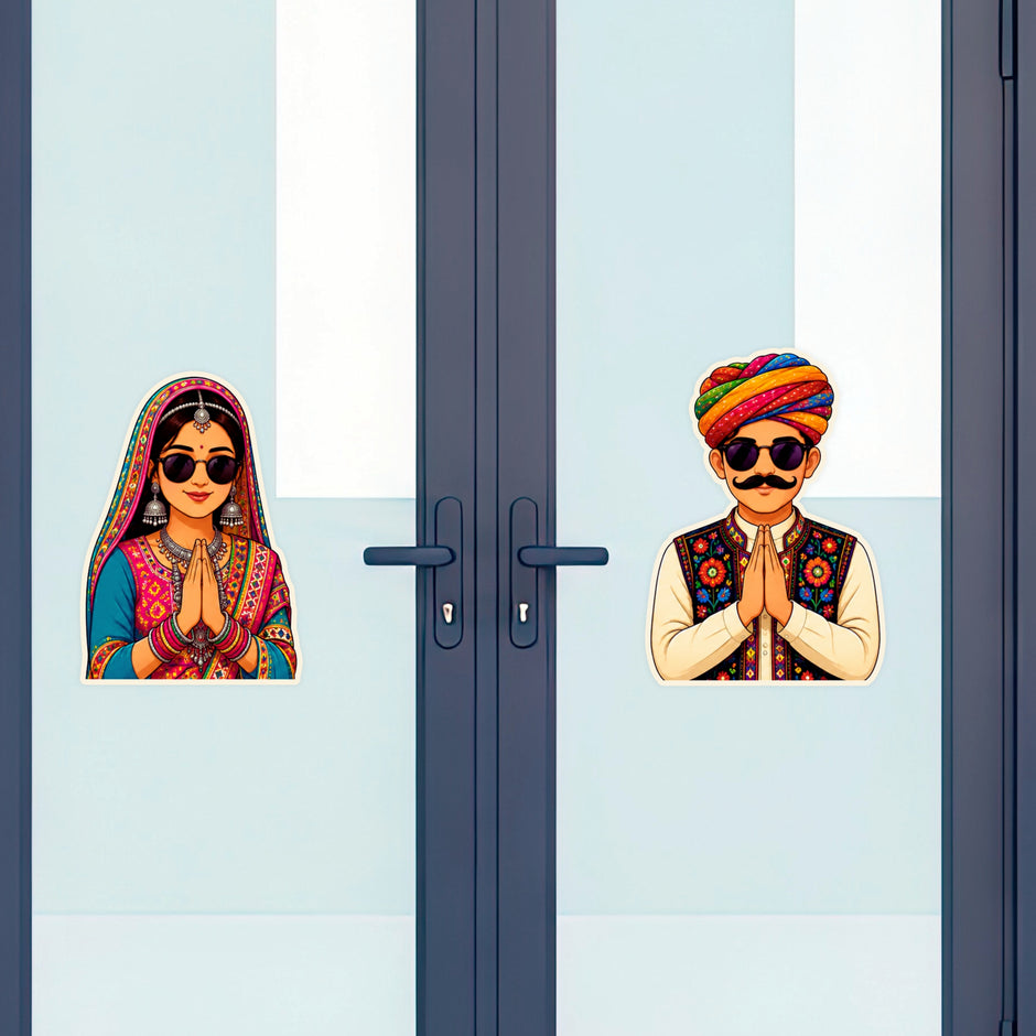 Rajasthani Couple Waterproof Matte Vinyl Stickers Applied on Glass Door by STIXY