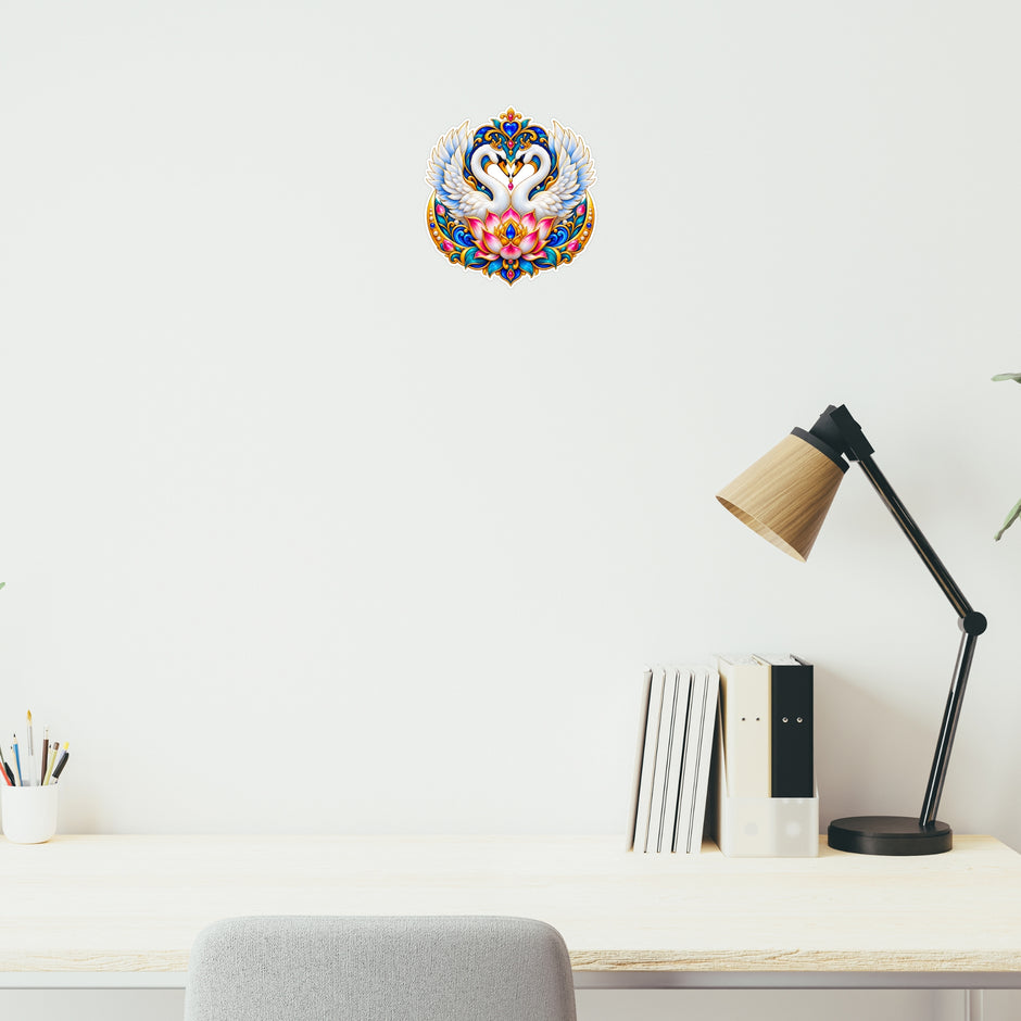 White Swan Couple Lotus Vastu Harmony Home Decor Sticker Applied on Wall by STIXY