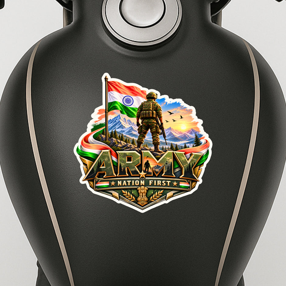 Indian Army Nation First Soldier Sticker Displayed on Black Water Bottle by STIXY
