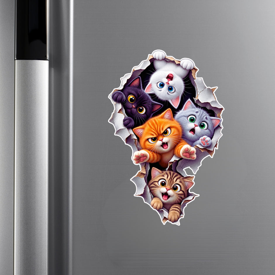 Five Cute Cats Torn Wall 3D Illusion Sticker Applied on Cupboard by STIXY