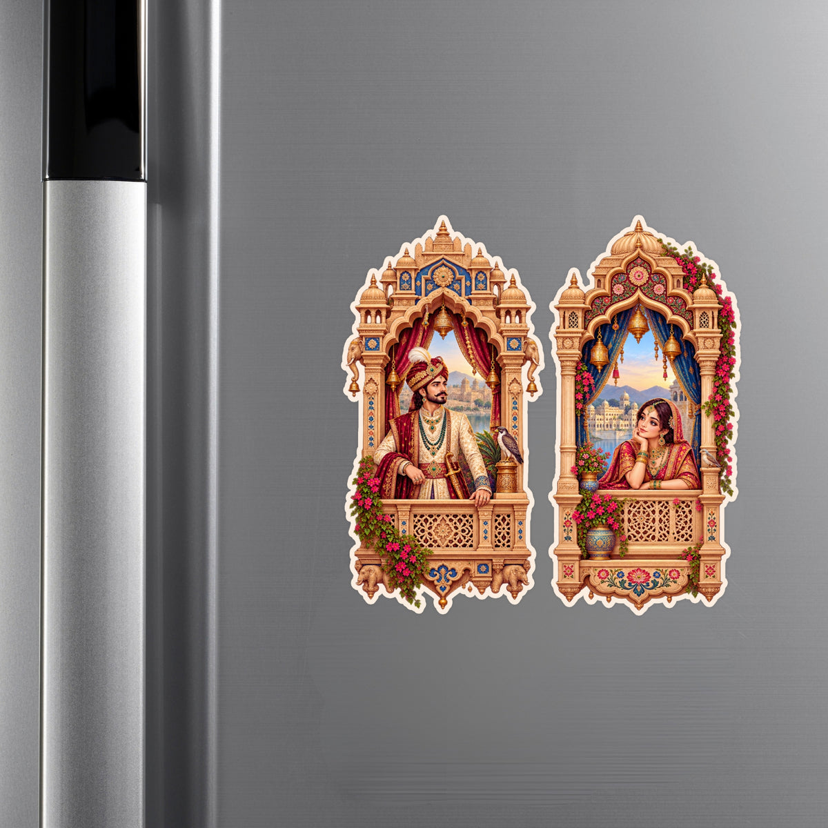 Traditional Royal Couple Jharokha Waterproof Matte Vinyl Sticker Set Applied on Cupboard by STIXY