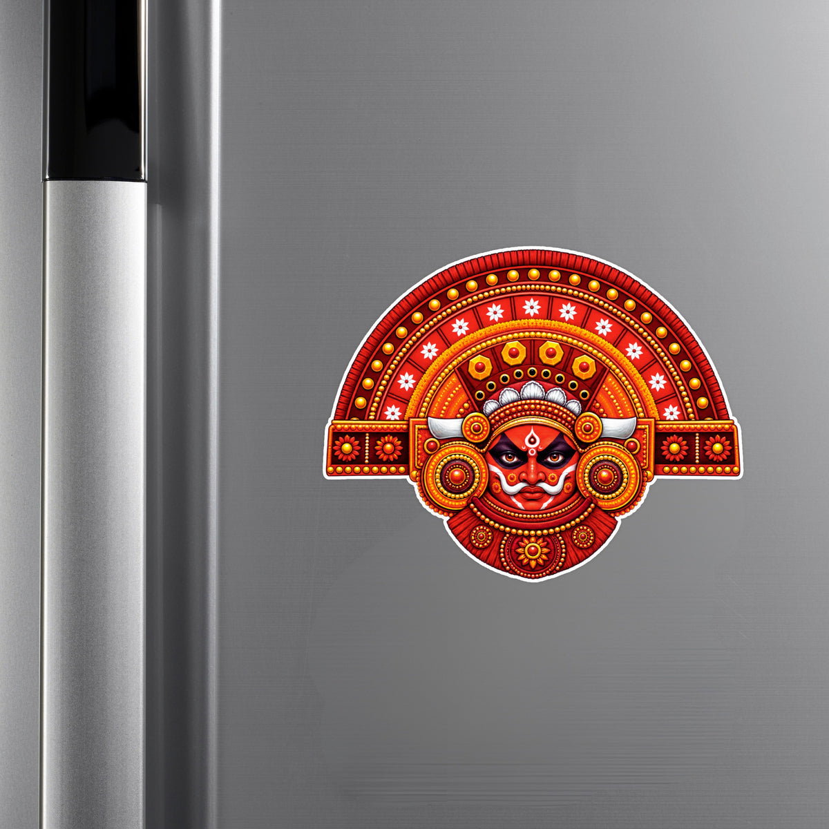 Red Theyyam Folk Art Waterproof Matte Sticker Applied on Cupboard by STIXY