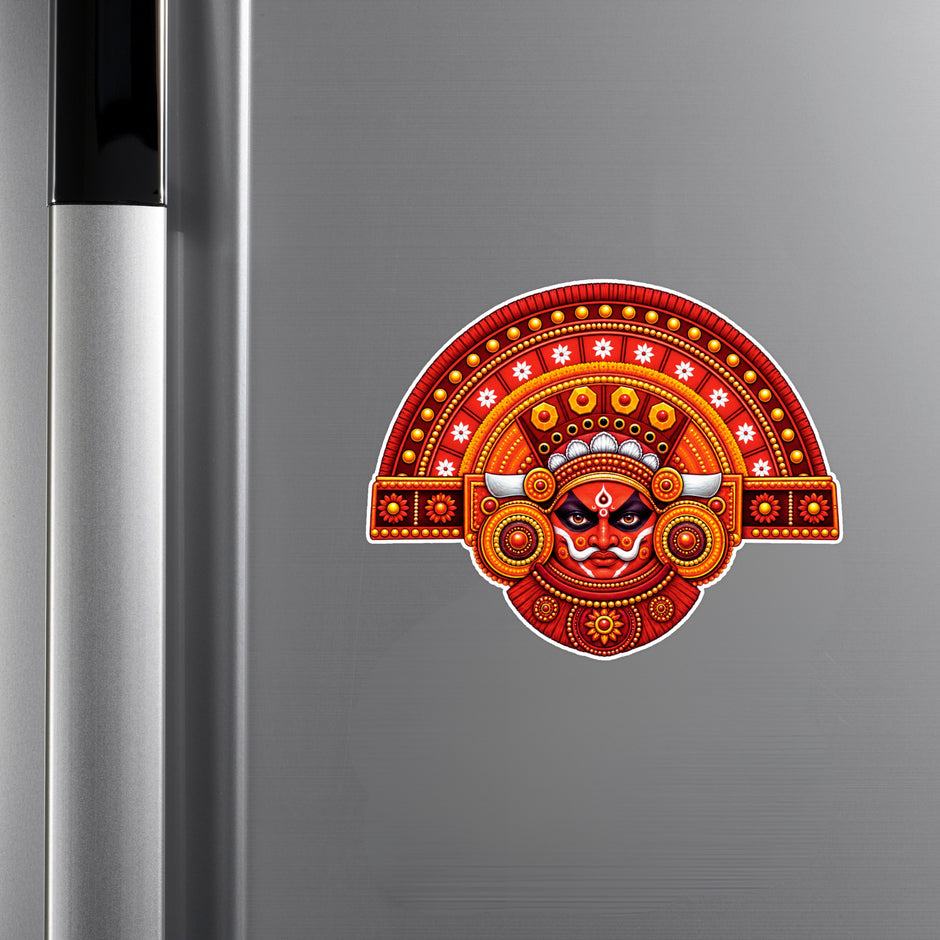 Red Theyyam Folk Art Waterproof Matte Sticker Applied on Cupboard by STIXY