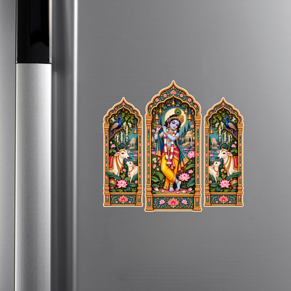 Lord Krishna with Cows Jharokha Waterproof Matte Vinyl Sticker Set Applied on Cupboard by STIXY