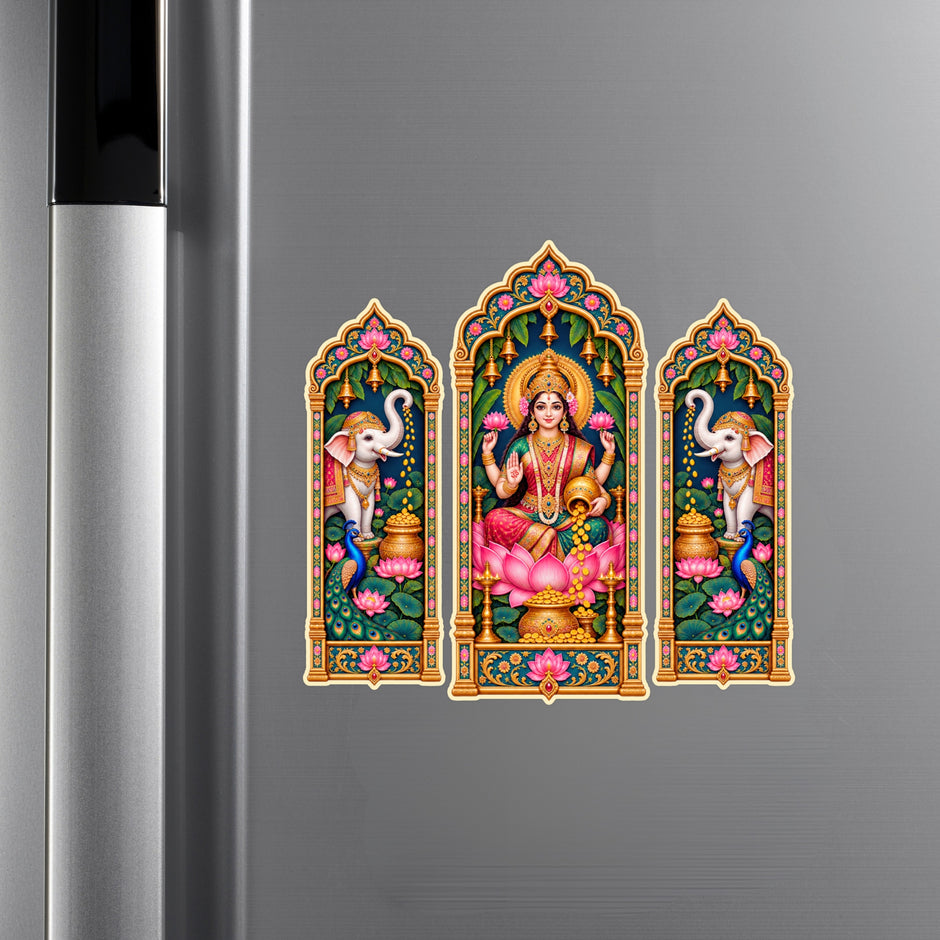 Goddess Lakshmi with Elephants Jharokha Waterproof Matte Vinyl Sticker Set Applied on Cupboard by STIXY