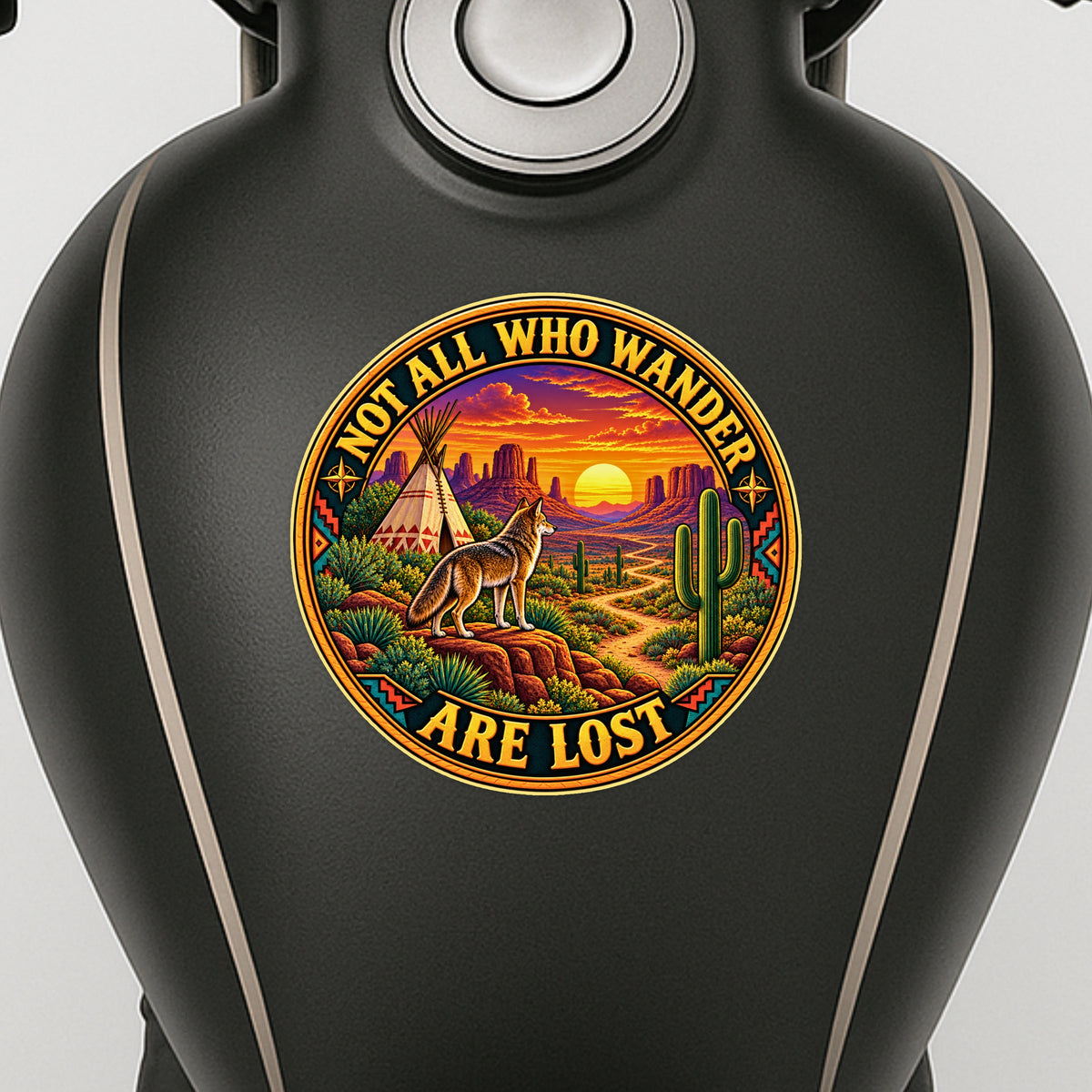 Not All Who Wander Are Lost Desert Adventure Sticker on Black Water Bottle