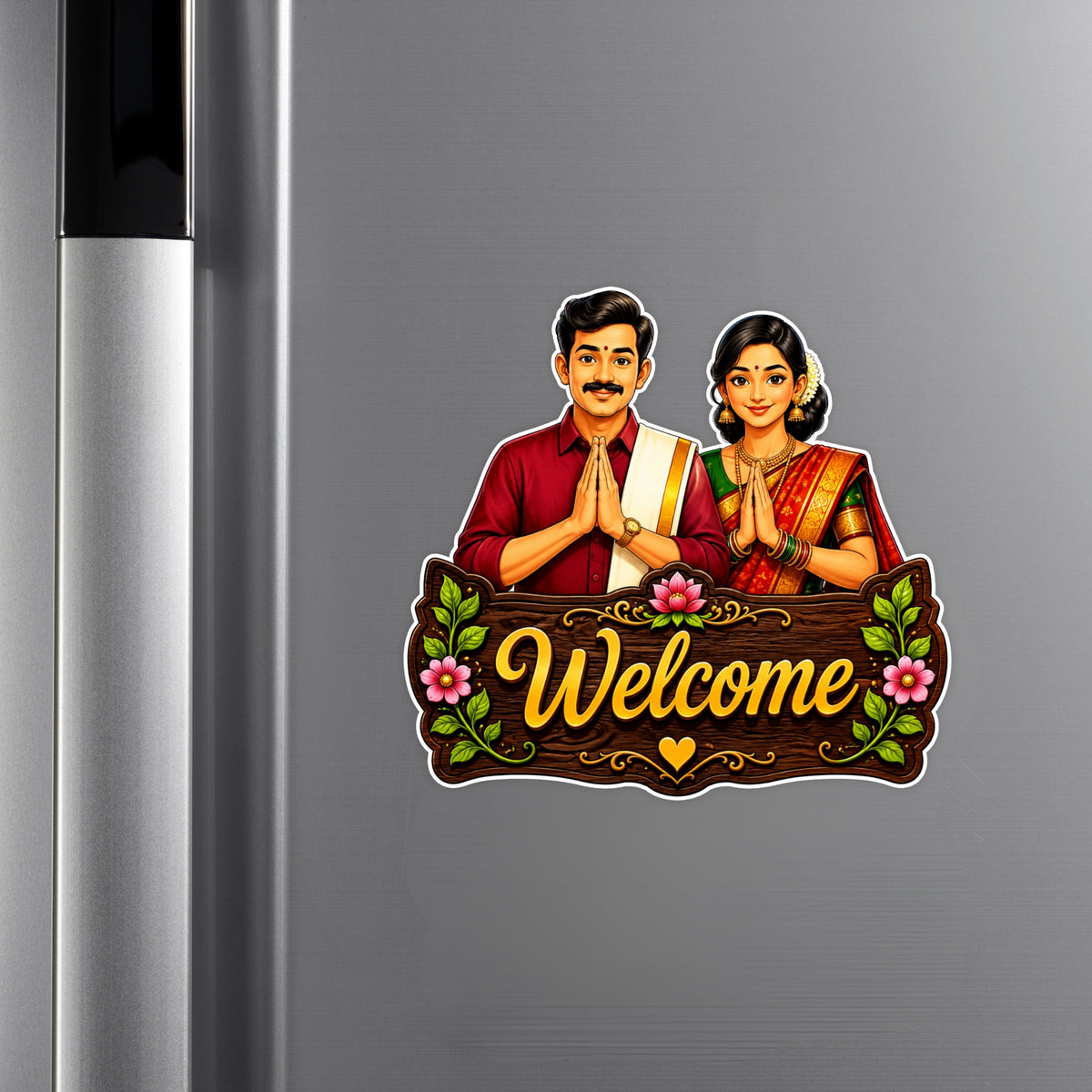 Traditional Indian Couple Welcome Waterproof Matte Vinyl Sticker Applied on Cupboard by STIXY