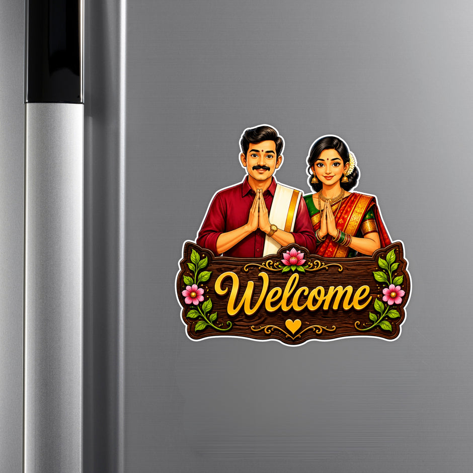 Traditional Indian Couple Welcome Waterproof Matte Vinyl Sticker Applied on Cupboard by STIXY