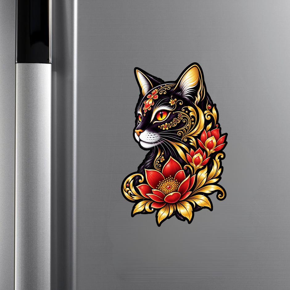 Black Cat Red Lotus Waterproof Matte Vinyl Sticker Applied on Cupboard by STIXY