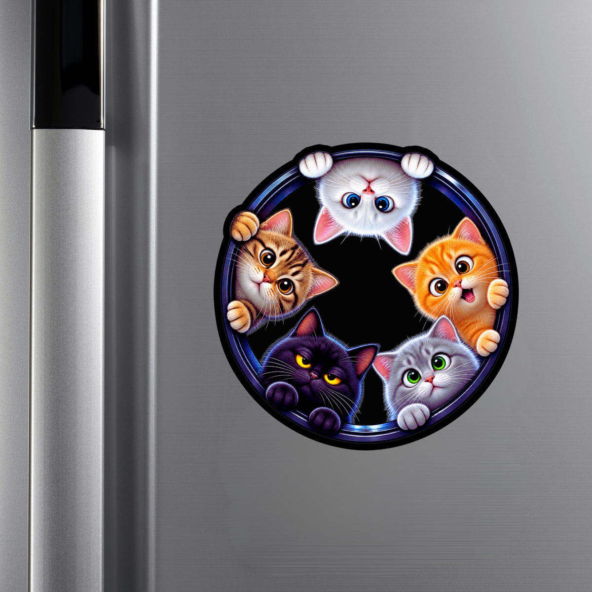 Funny Five Cats Peeking Through Round Hole Sticker Applied on Cupboard by STIXY