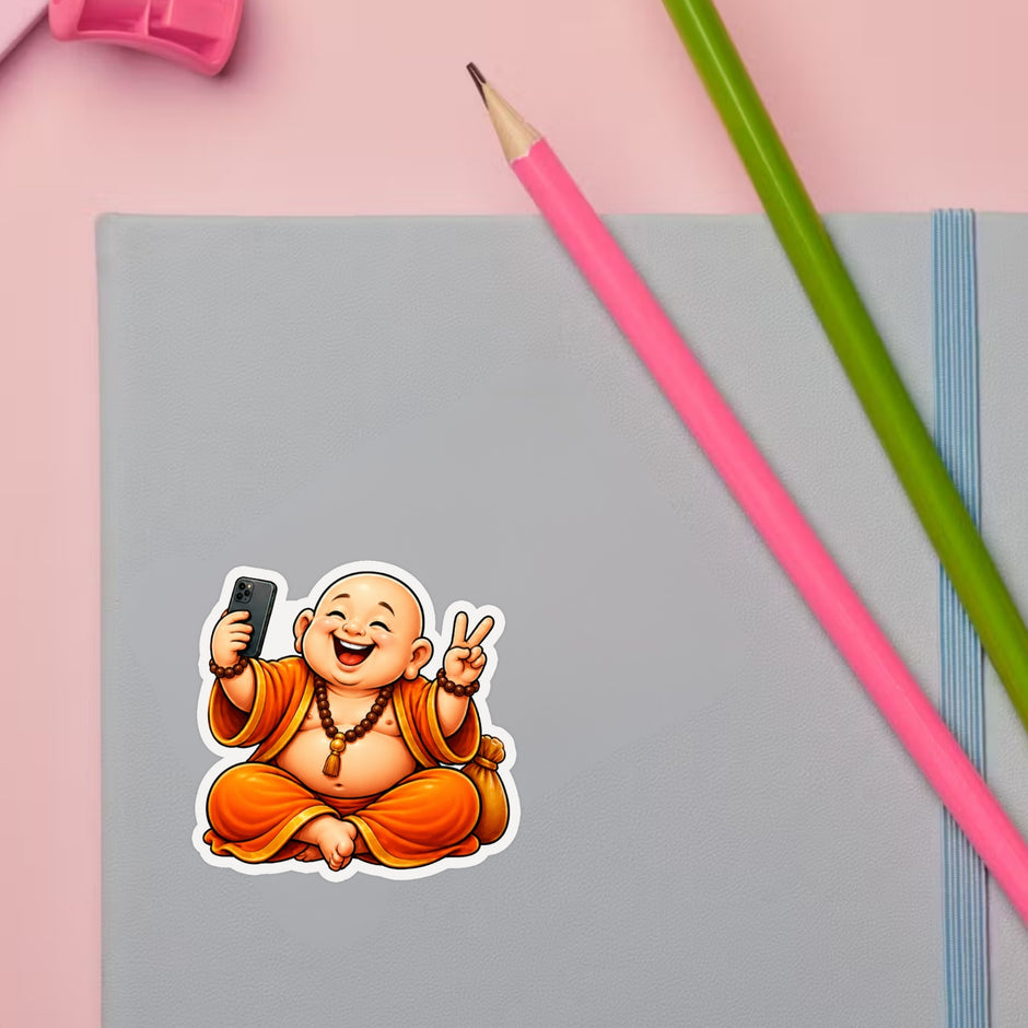 Funny Laughing Buddha Sticker Set Displayed on Study Desk by STIXY