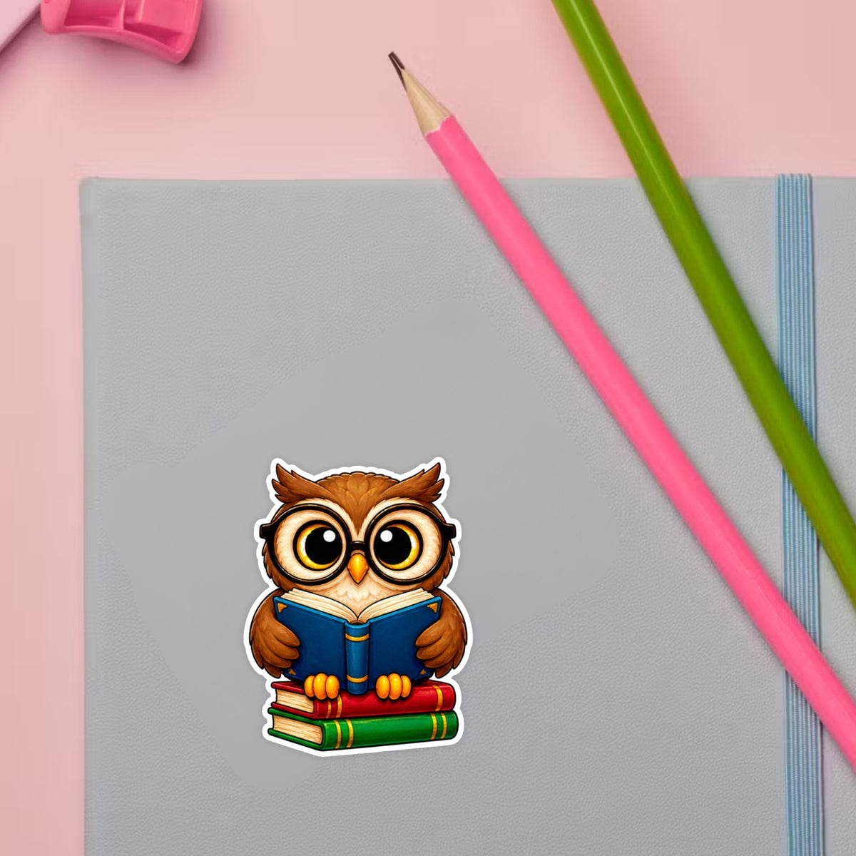 Colorful Cute Owl Sticker Set Displayed on Study Desk by STIXY