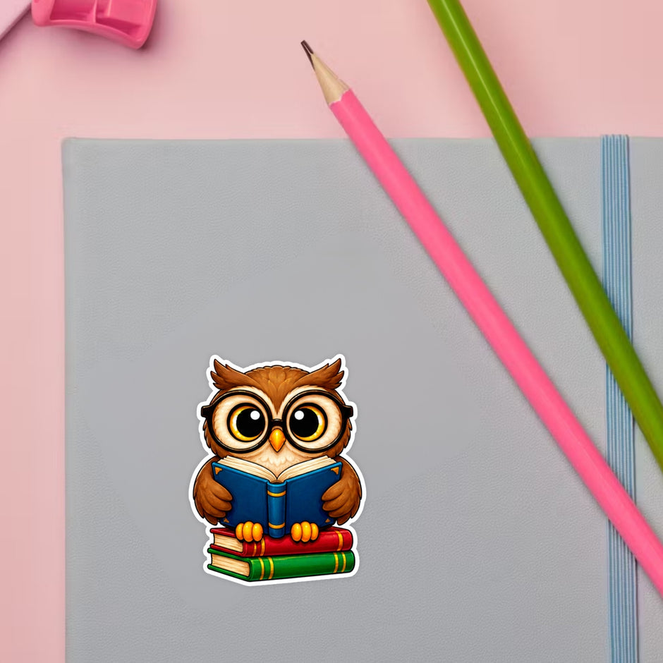 Colorful Cute Owl Sticker Set Displayed on Study Desk by STIXY