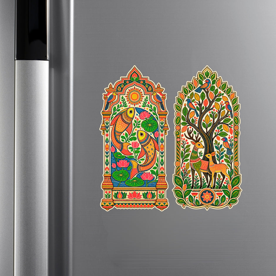 Colorful Peacock and Deer Tree Jharokha Waterproof Matte Sticker Set Applied on Cupboard by STIXY