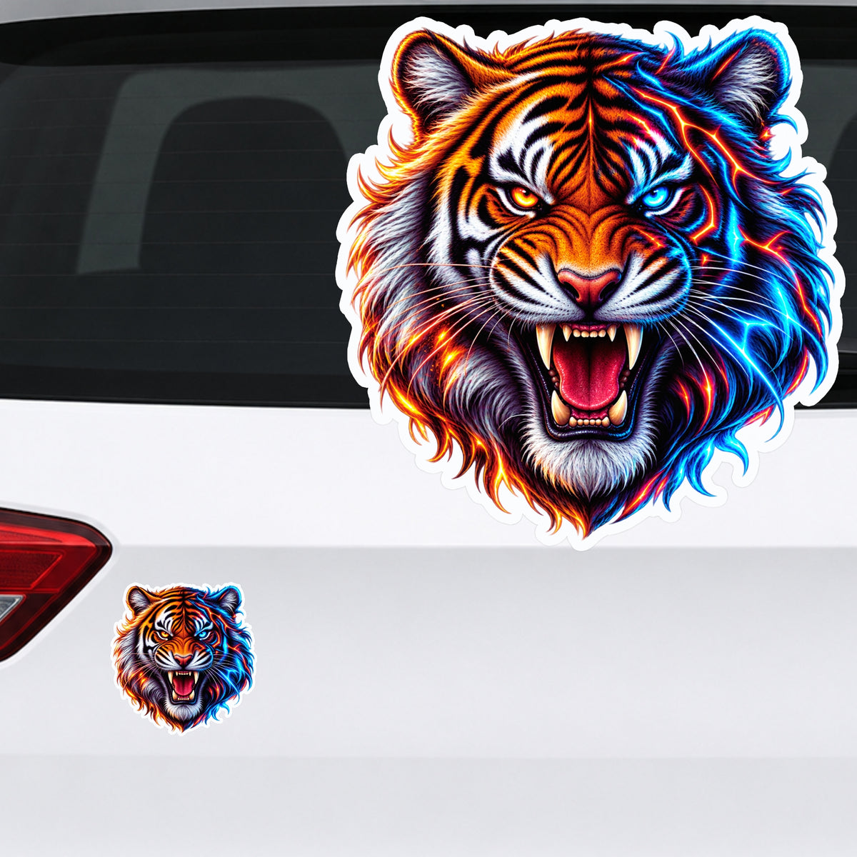 Roaring Dual Energy Tiger Waterproof Vinyl Sticker Applied on Car Rear by STIXY