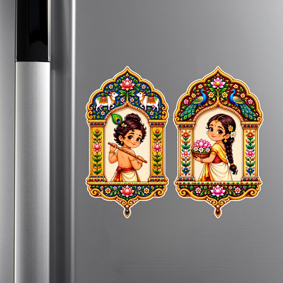Bal Krishna and Radha Jharokha Waterproof Matte Vinyl Sticker Set Applied on Cupboard by STIXY
