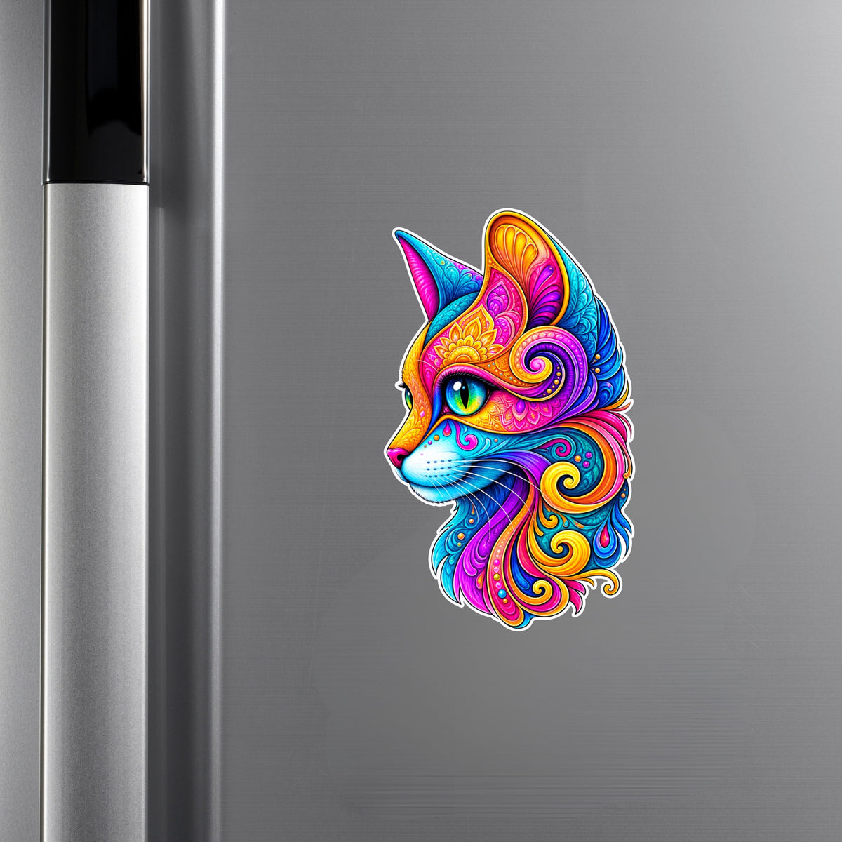 Vibrant Artistic Cat Face Decorative Vinyl Sticker Applied on Cupboard by STIXY