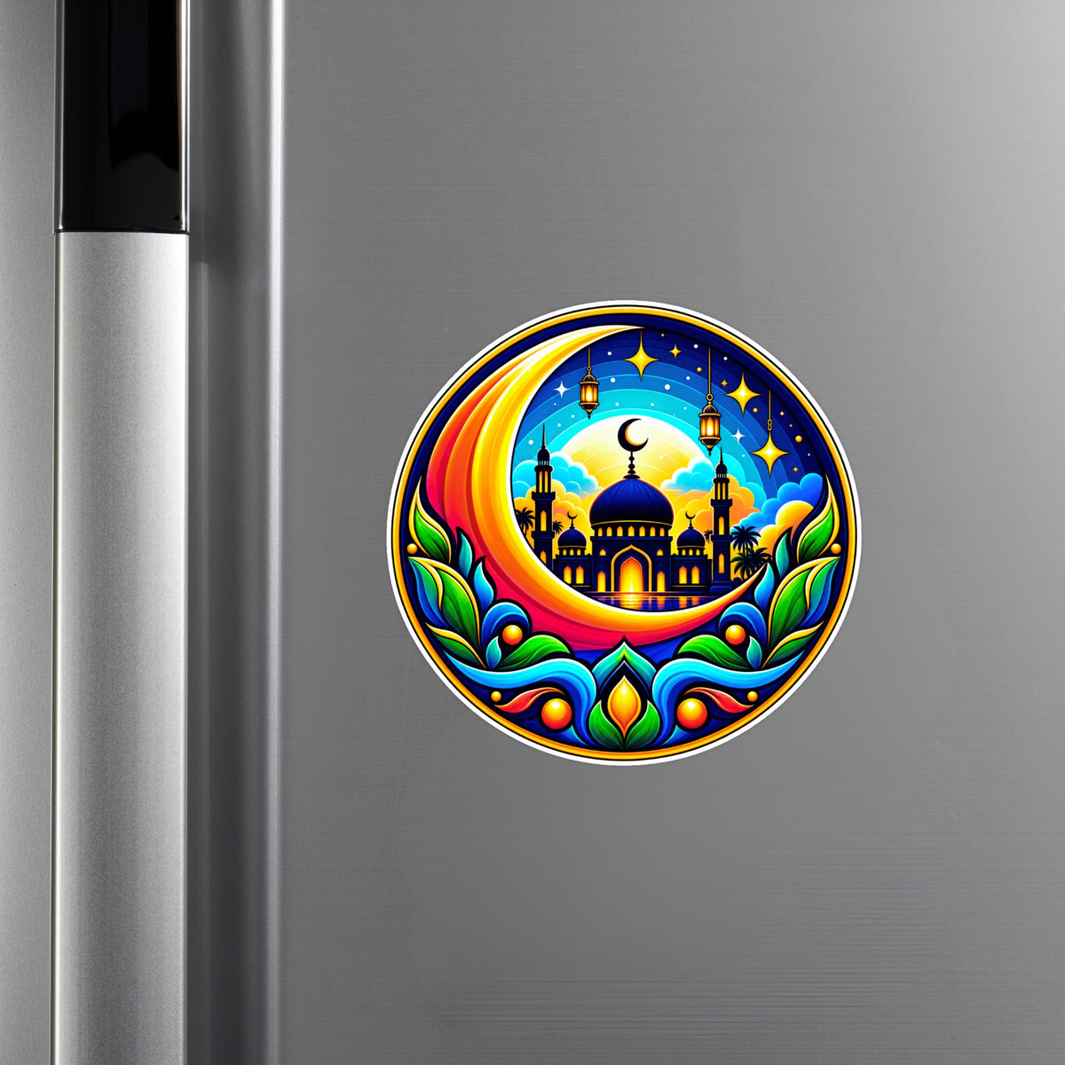 Colorful Islamic Mosque Crescent Moon Waterproof Matte Sticker Applied on Cupboard by STIXY
