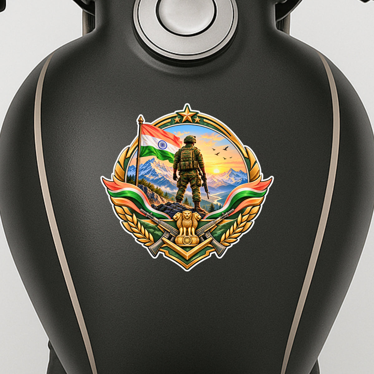 Indian Army Soldier Patriotic Badge Sticker Displayed on Black Water Bottle by STIXY