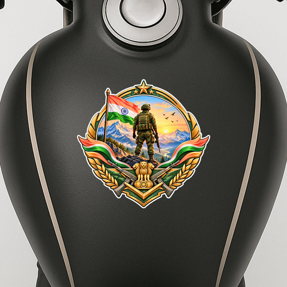 Indian Army Soldier Patriotic Badge Sticker Displayed on Black Water Bottle by STIXY