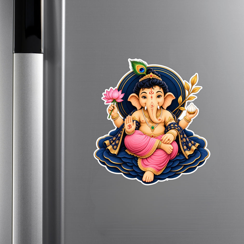 Lord Ganesha Lotus Waterproof Matte Vinyl Sticker Applied on Cupboard for Spiritual Decor by STIXY