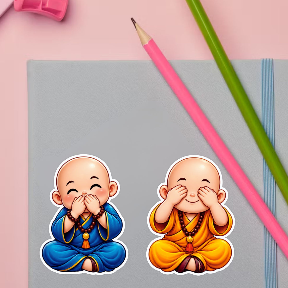 Colorful Cute Monk Stickers Displayed on Study Desk Surface by STIXY