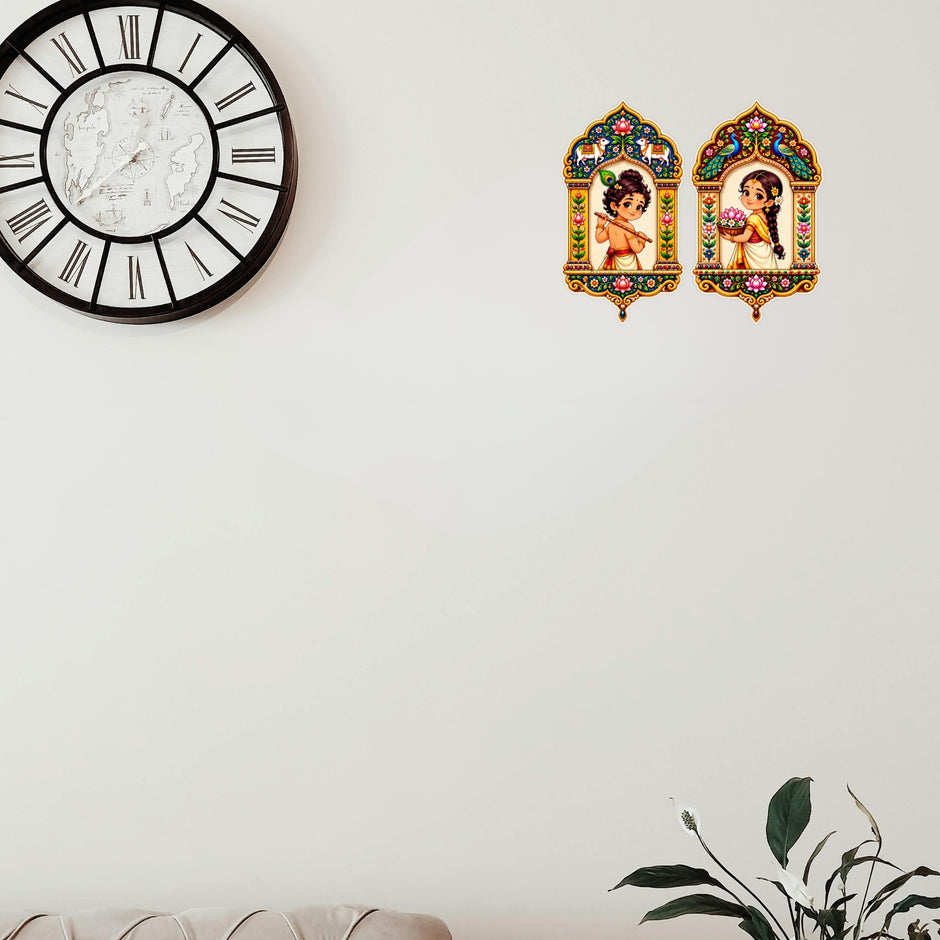 Bal Krishna and Radha Jharokha Sticker Pair Applied on Wall for Spiritual Home Decor by STIXY