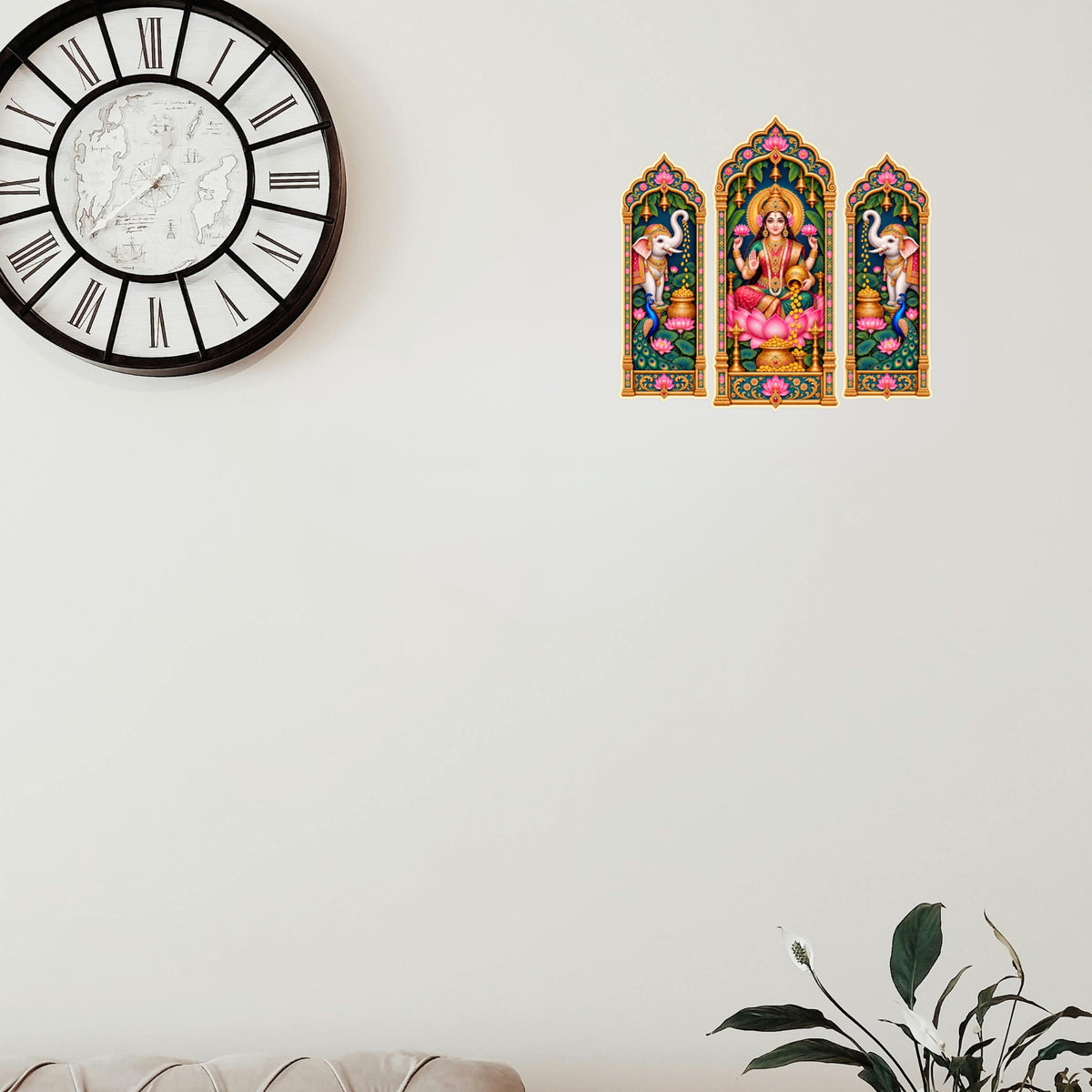 Goddess Lakshmi and Elephant Jharokha Sticker Set Applied on Wall for Spiritual Home and Pooja Room Decor by STIXY