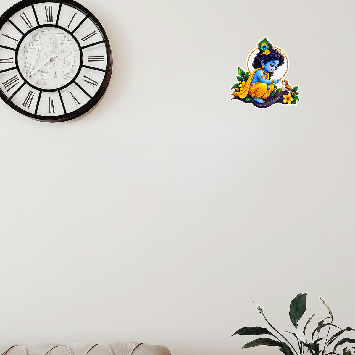 Little Krishna Feeding Bird Devotional Sticker Applied on Wall for Indian Spiritual Home Decor by STIXY